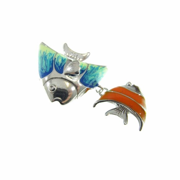 Solid 925 Sterling Silver and Enamel Pair of Fish Double Fishes Slide Pendant - Picture 6 of 8